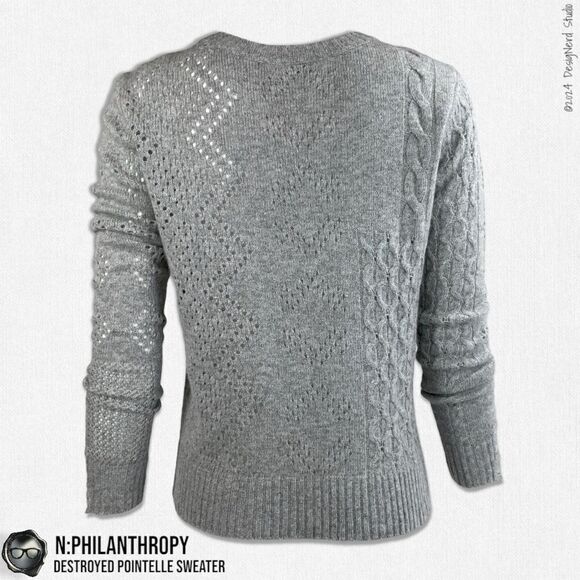 N:PHILANTHROPY DECONSTRUCTED POINTELLE CABLE KNIT SWEATER SHADOW WOOL CASHMERE - Picture 5 of 15
